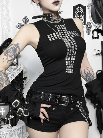 Dark-Style Sexy Slim-Fit Rhinestone-Embellished Crew Neck T-Shirt