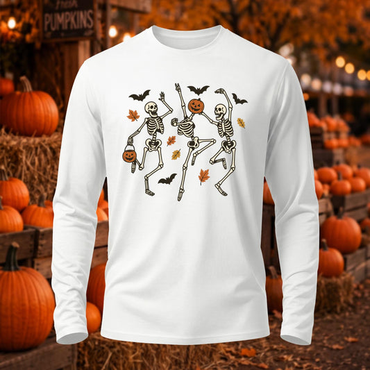 Premium Cotton Dancing Skeletons Autumn Leaves Halloween Long Sleeve T-Shirt