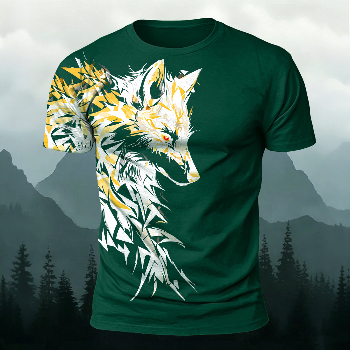 Vintage Giant Wolf Mythology Print Casual Cotton T-Shirt