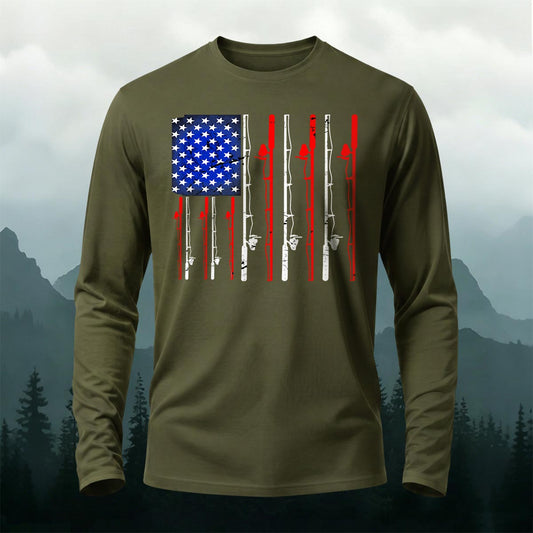 American-style Fishing Rod Pattern Print Casual Long-Sleeve Cotton Tee