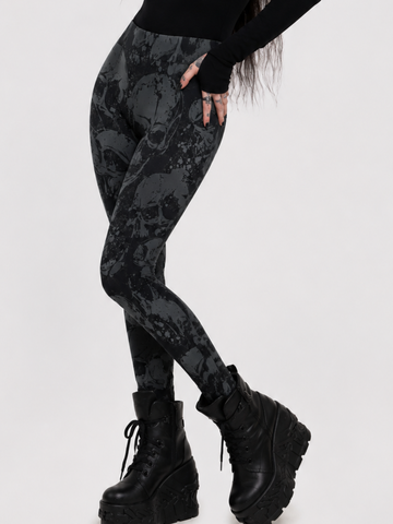 Women's Dark Gothic Skull-Print Polyester Leggings