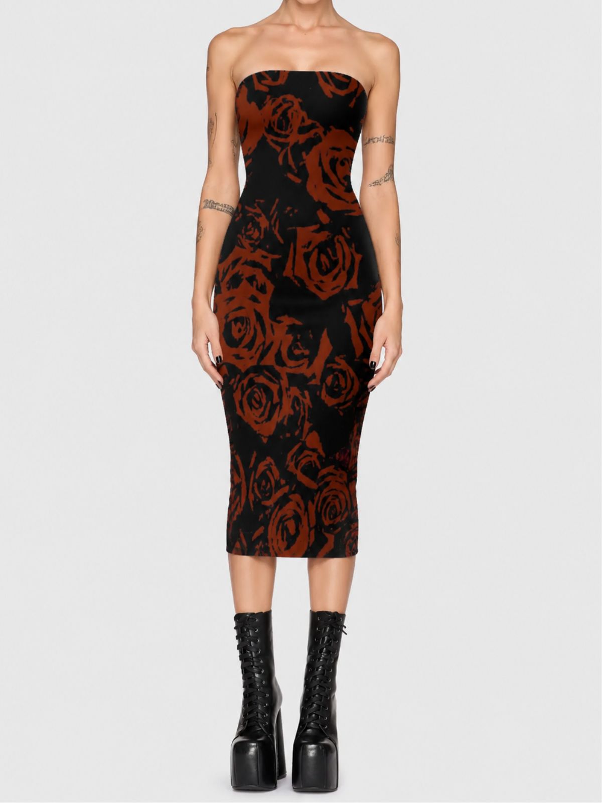 Women's Vintage Rose Black Strapless Dress