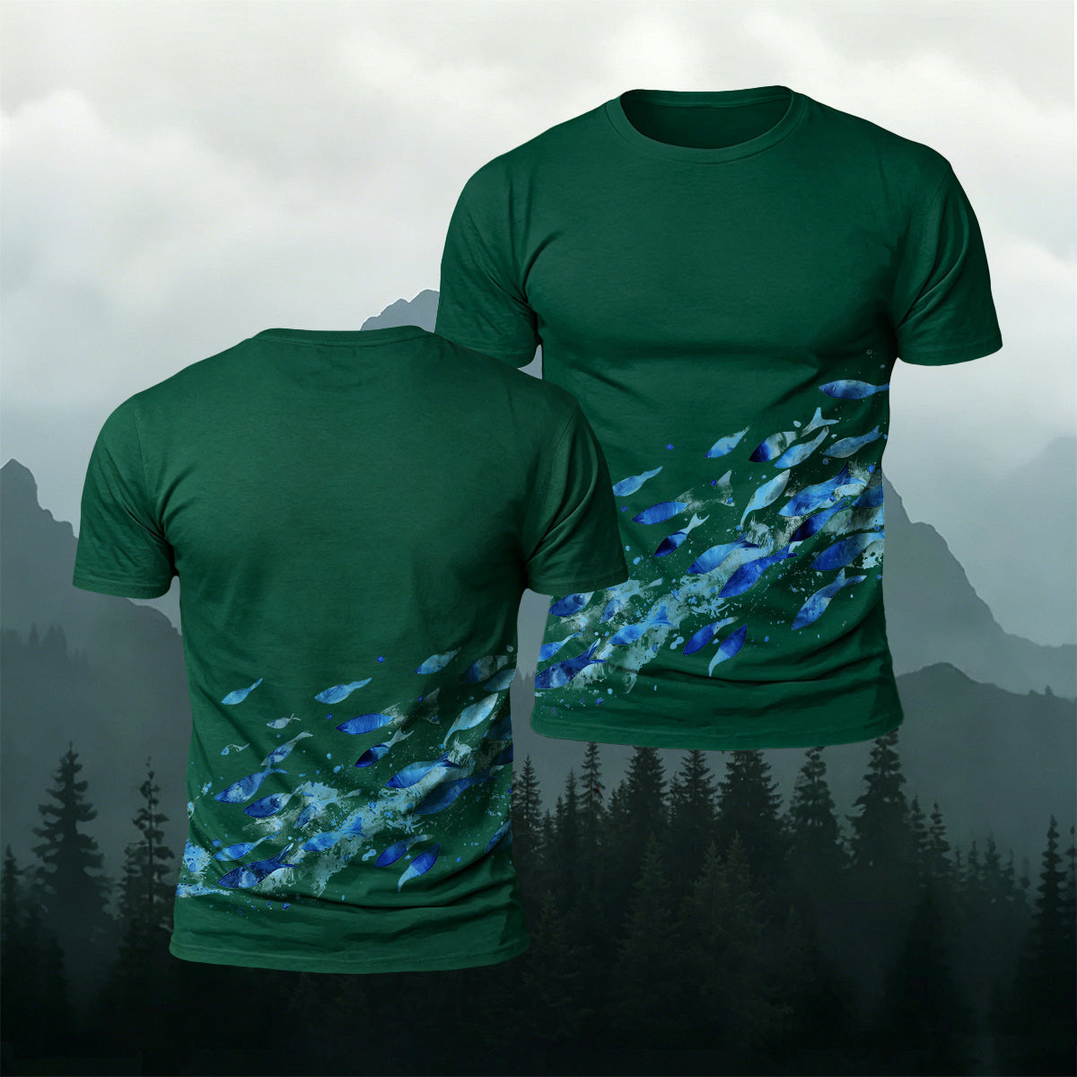 Blue Sardine Print Casual Cotton T-Shirt