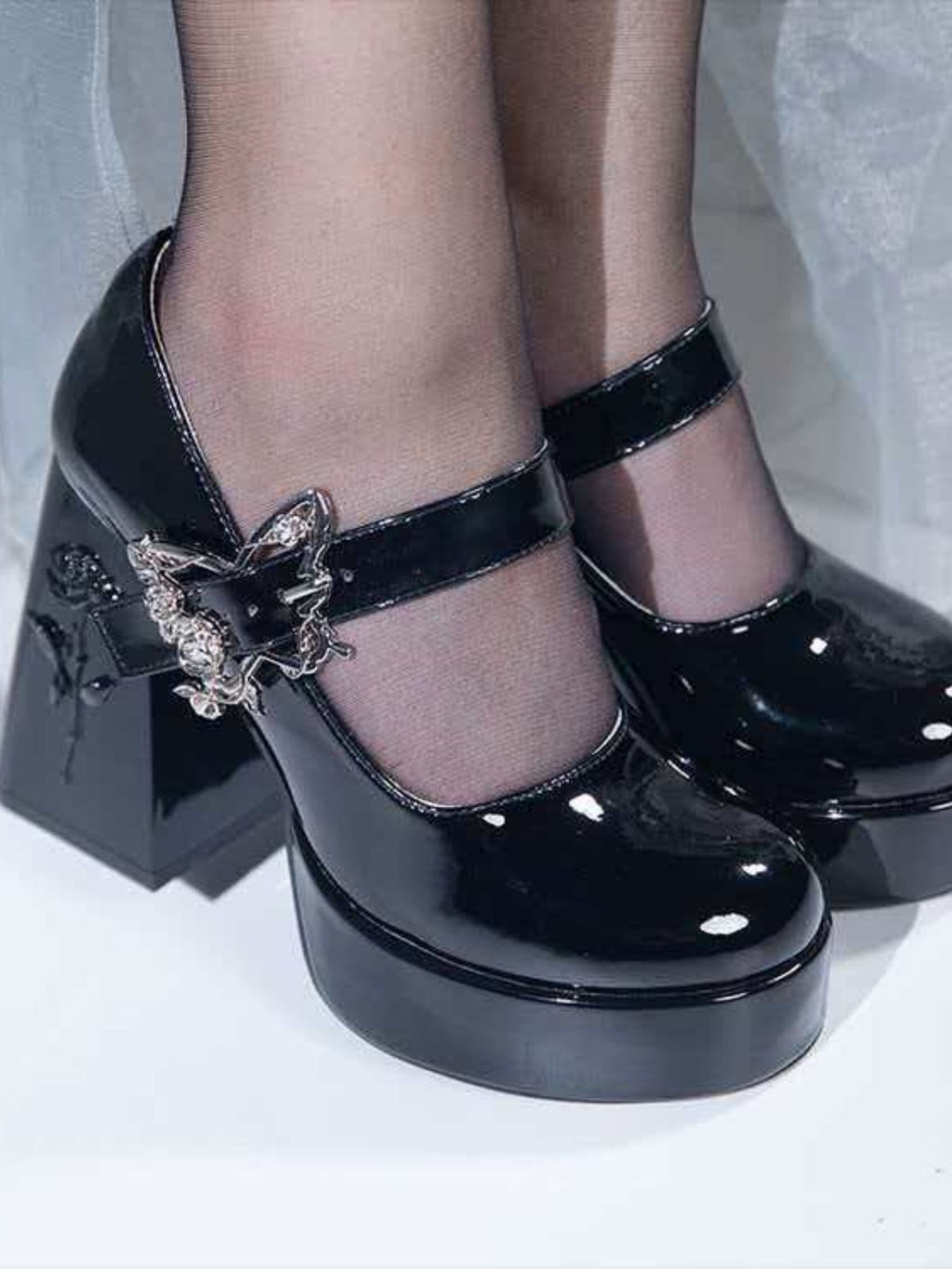 Gothic Dark Chunky-Heeled Butterfly Buckle Mary Jane Shoes
