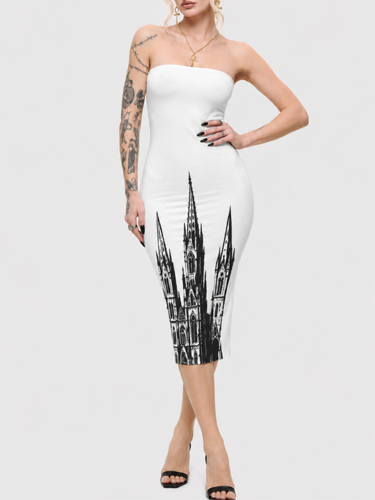 Vintage Gothic-inspired Print Sexy Strapless Fitted Dress