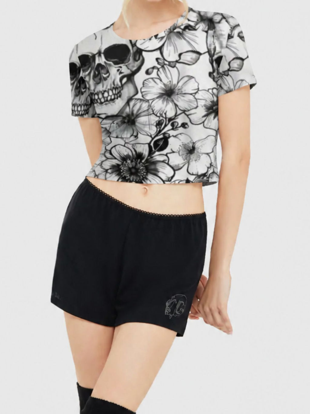 Skeleton and Romantic Flowers Crew-Neck T-Shirt