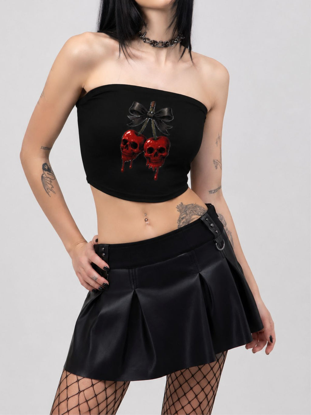 Red Cherry Skull Print Strapless Top
