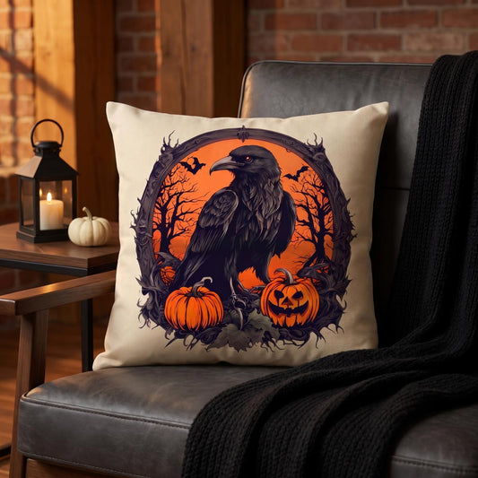 Linen Halloween Raven Pumpkin Pillow