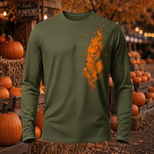 DTG Buring Pumpkin Skull Printed Long Sleeve T-Shirt