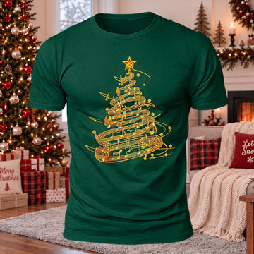 DTG Golden Music Note Christmas Tree Printed Casual Short Sleeve T-Shirt