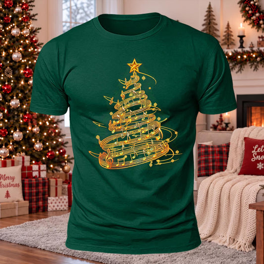 DTG Golden Music Note Christmas Tree Printed Casual Short Sleeve T-Shirt