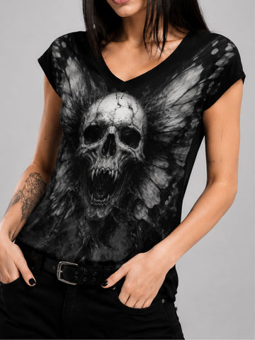 Gothic Skull and Butterfly Print V-Neck T-Shirt