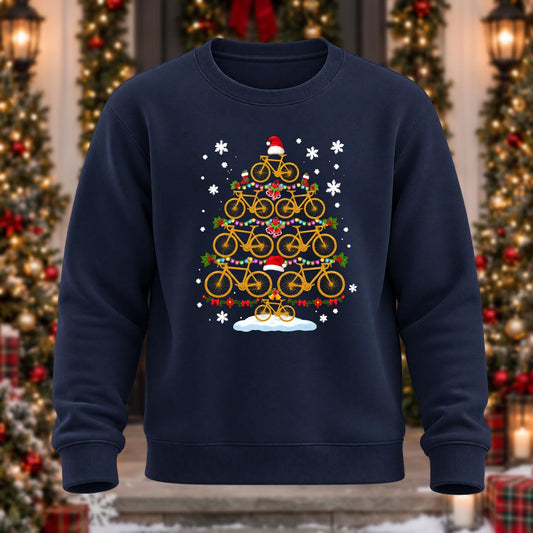 Bicycle Christmas Tree Printed Round Neck Sweatshirt