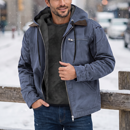 Polyester Solid Fleece‑Lined Hooded Jacket