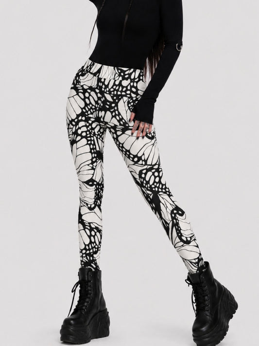 Trendy Gothic Butterfly-Print Polyester Leggings