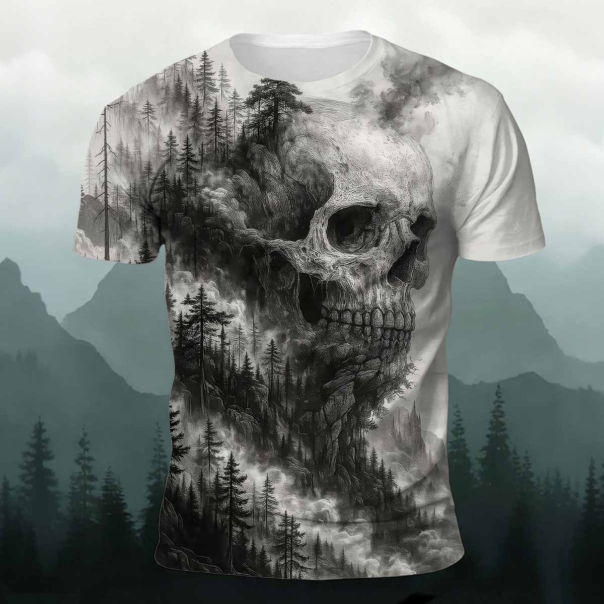 Dark Skeleton Full-Body Forest Print Cotton T-Shirt