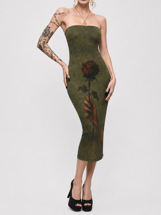 Vintage Oil Painting Rose Tube Midi Bodycon Dress