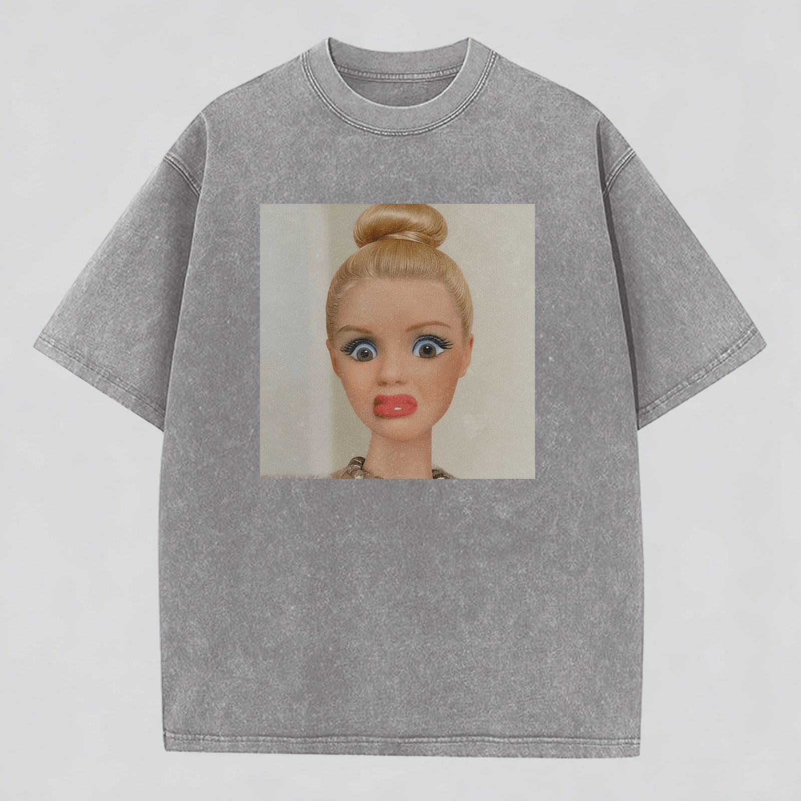 Shocked Expression Print Washed Cotton T-Shirt