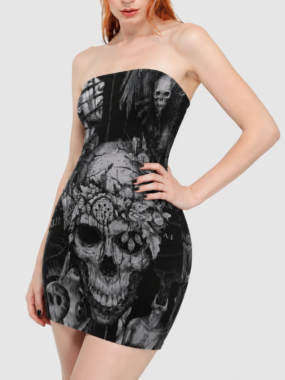 Retro Gothic Skull-Print Bodycon Skirt