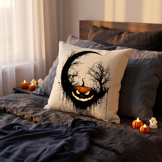 Linen Moon Pumpkin Halloween Pillow