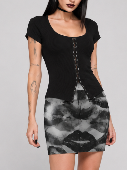 Grunge Smudge Lips Print High Waist Mini Pockets Skirt Pants