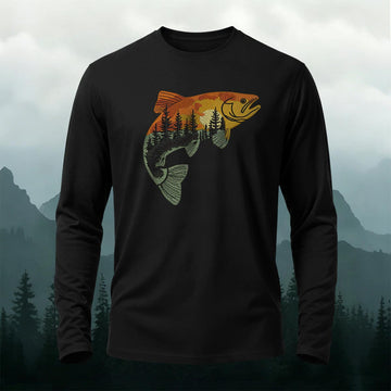 Forest Fish Illustrated Pattern Print Casual Long-Sleeve Cotton Tee