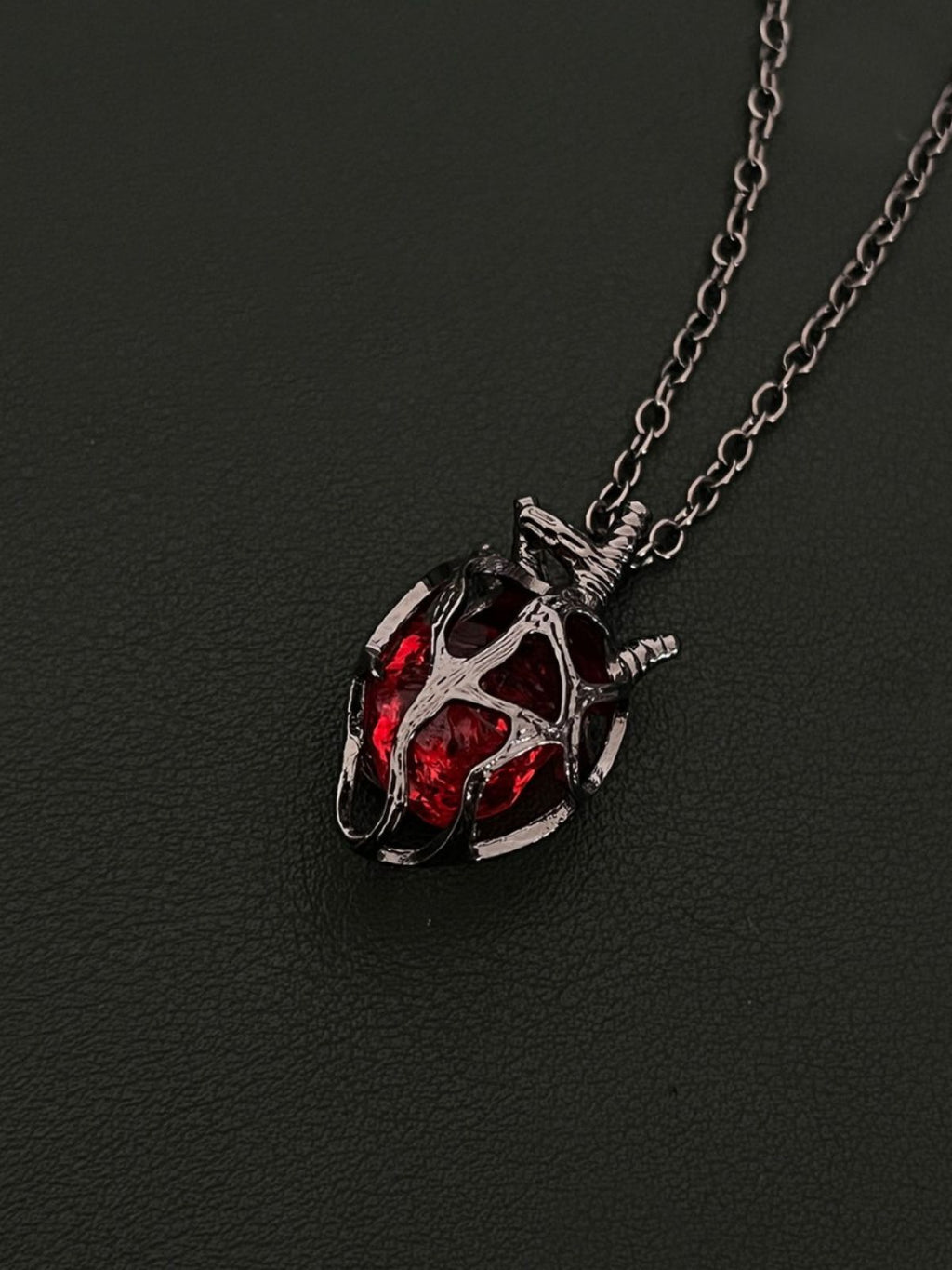 Gothic Dark Style Openwork Heart Red and Blue Glass Heart Pendant