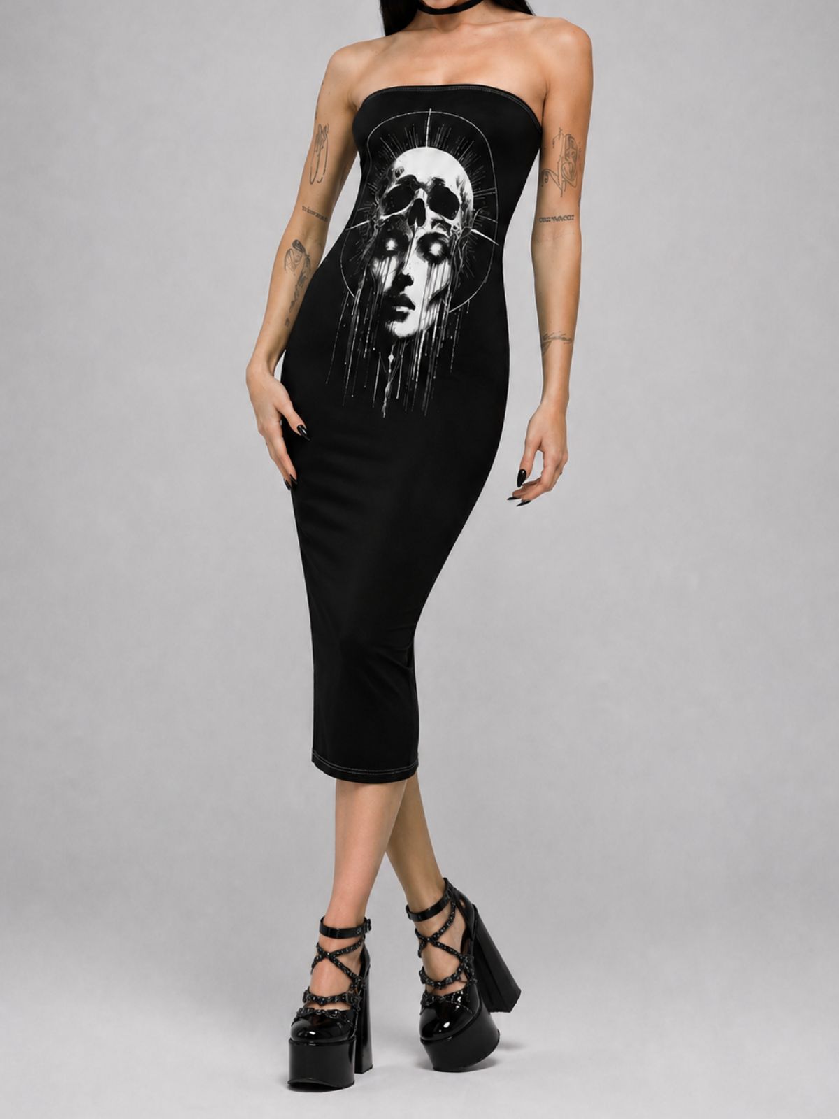 Gothic Skull-Print Strapless Dress