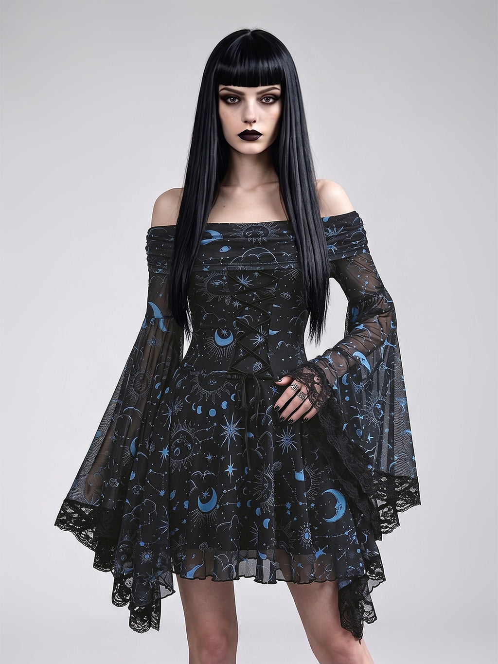 Gothic Retro Mysterious Star-and-Moon Print Flared-Sleeve A-Line Dress