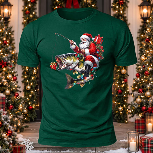 Fishing Santa Printed Short Sleeve T-Shirt