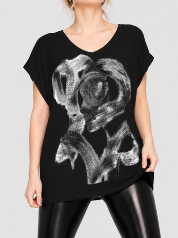 Dark Blurred Silhouette Print V-Neck Loose-Fit Short-Sleeve Top