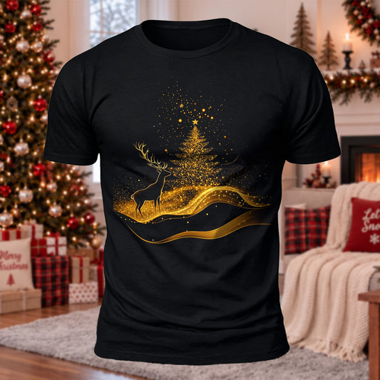 DTG Golden Deer & Christmas Tree Printed Short Sleeve T-Shirt