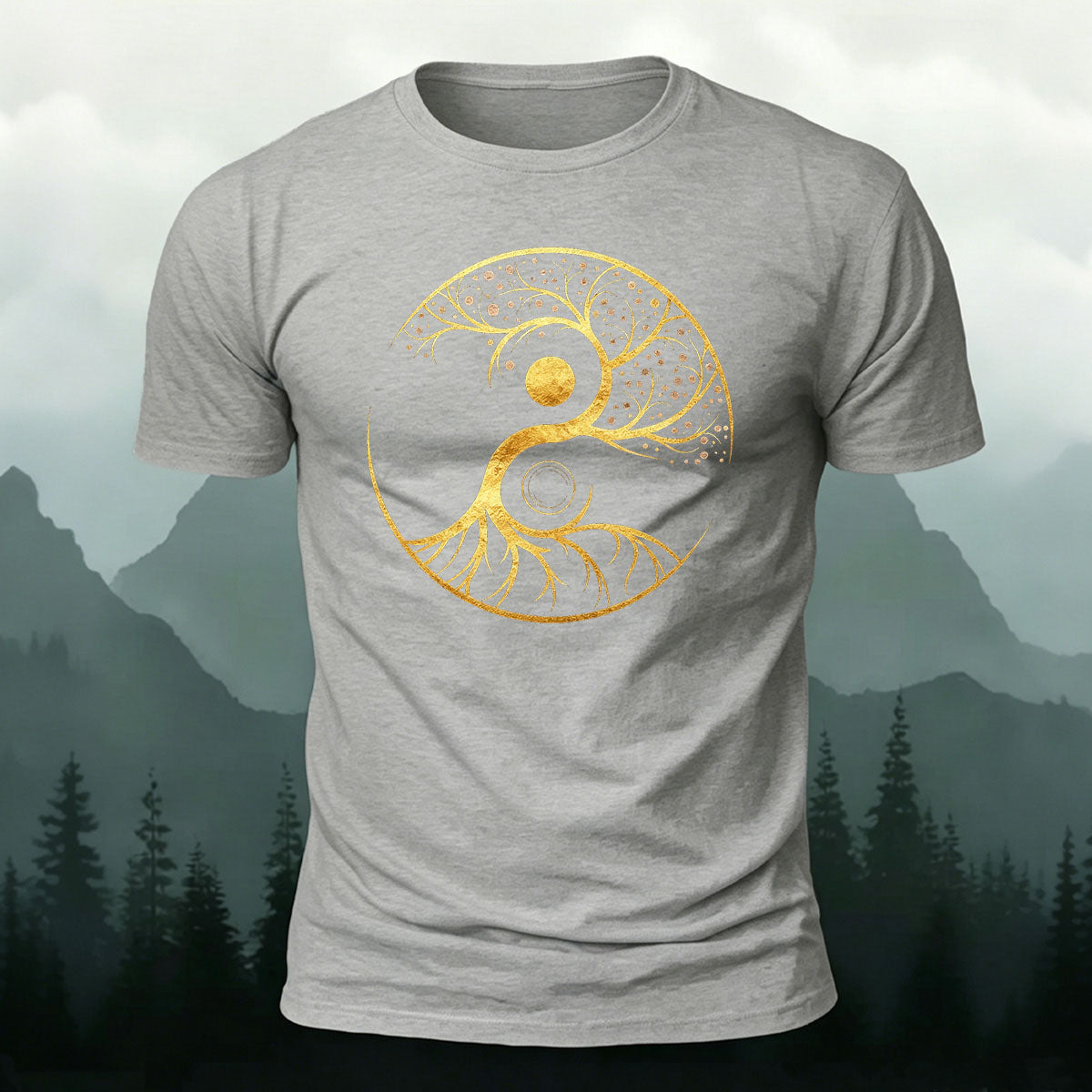 Artistic Graphics Pattern Mountain-Style Cotton T-Shirt Grey