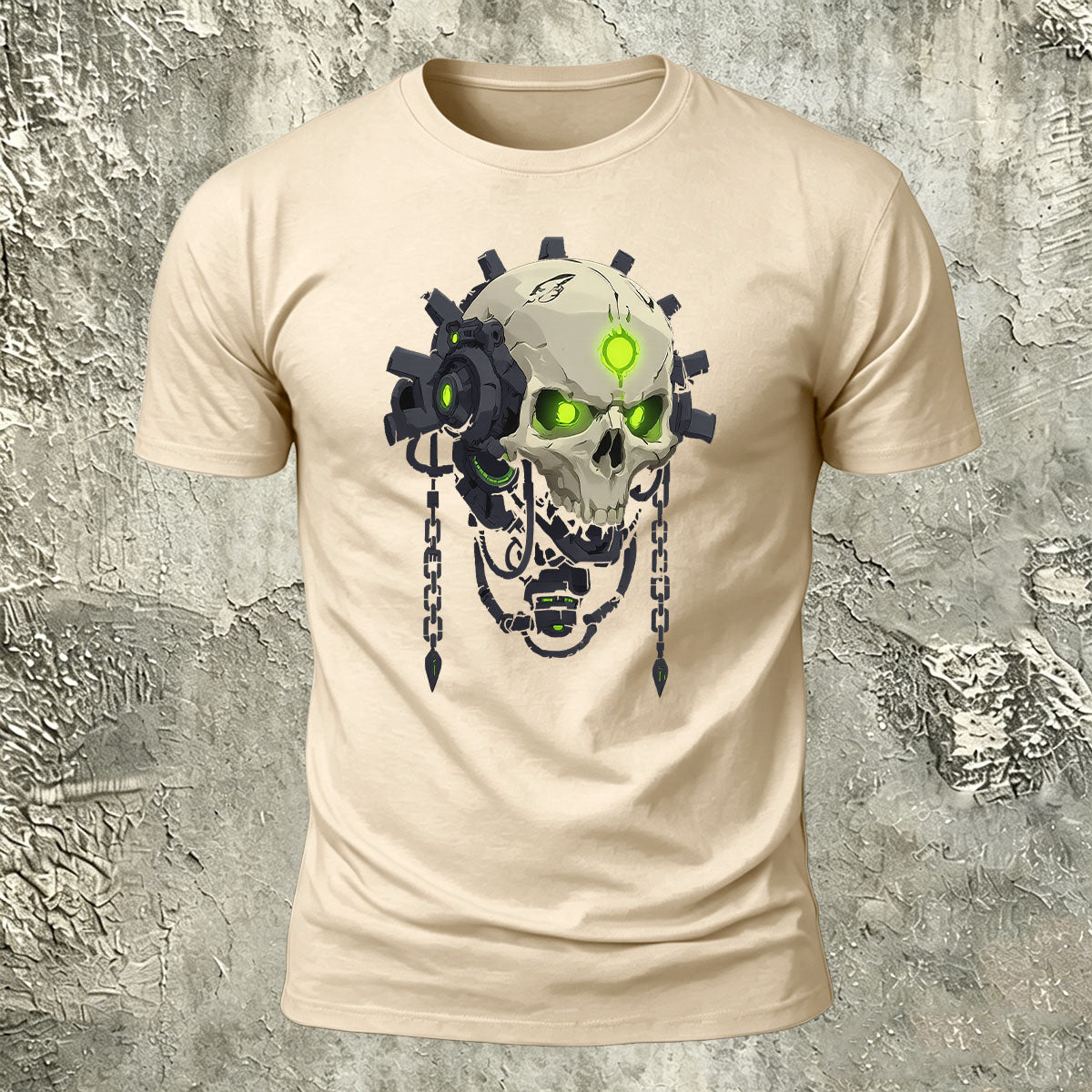 Mechanical Skull Print Cotton Crew Neck T-Shirt