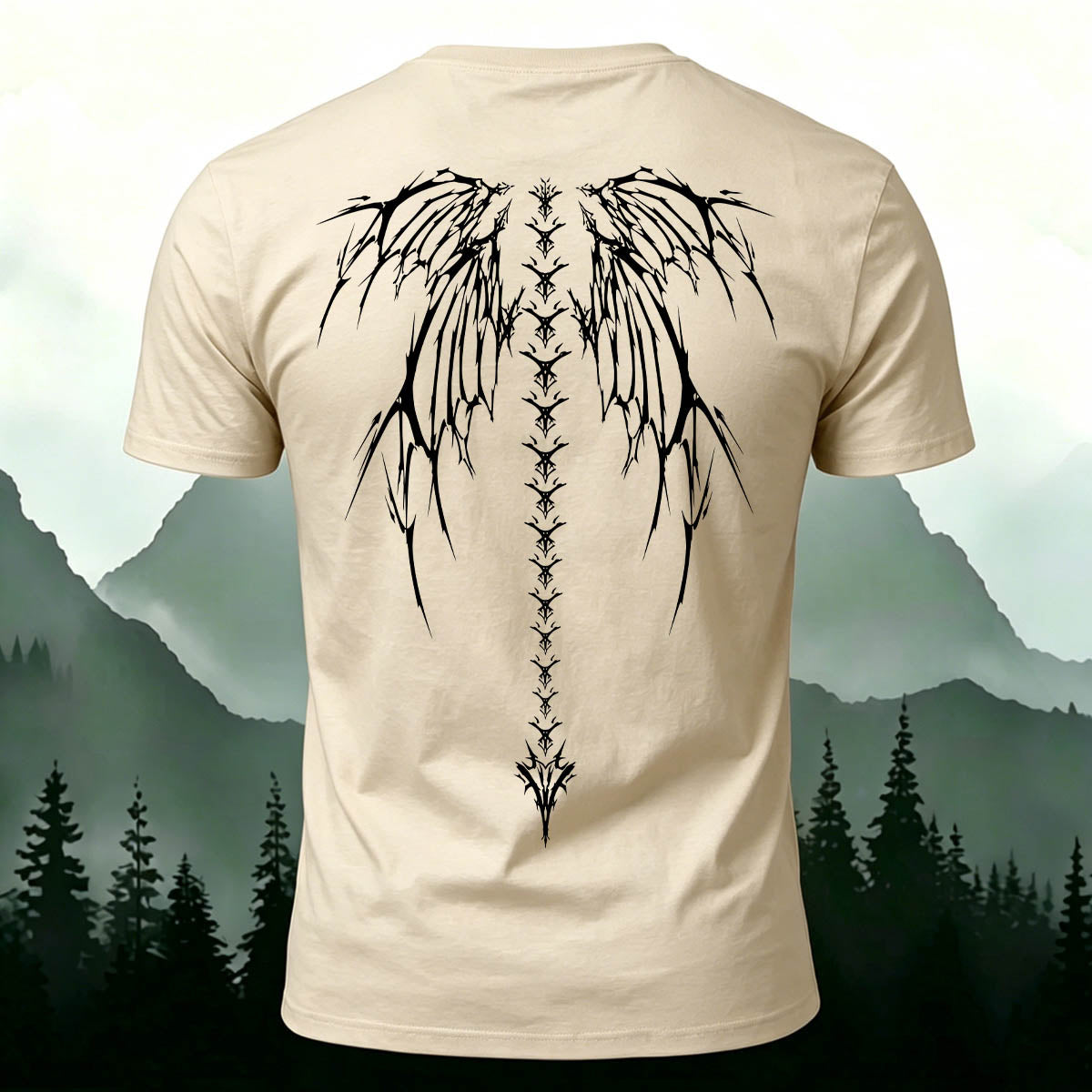 Dark-Style Devil Wings Spine Print Casual Cotton T-Shirt