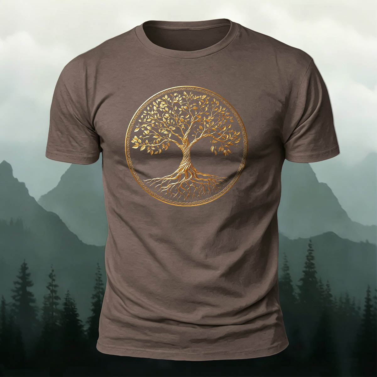 Golden Tree of Life Printed Cotton Crew Neck T-Shirt