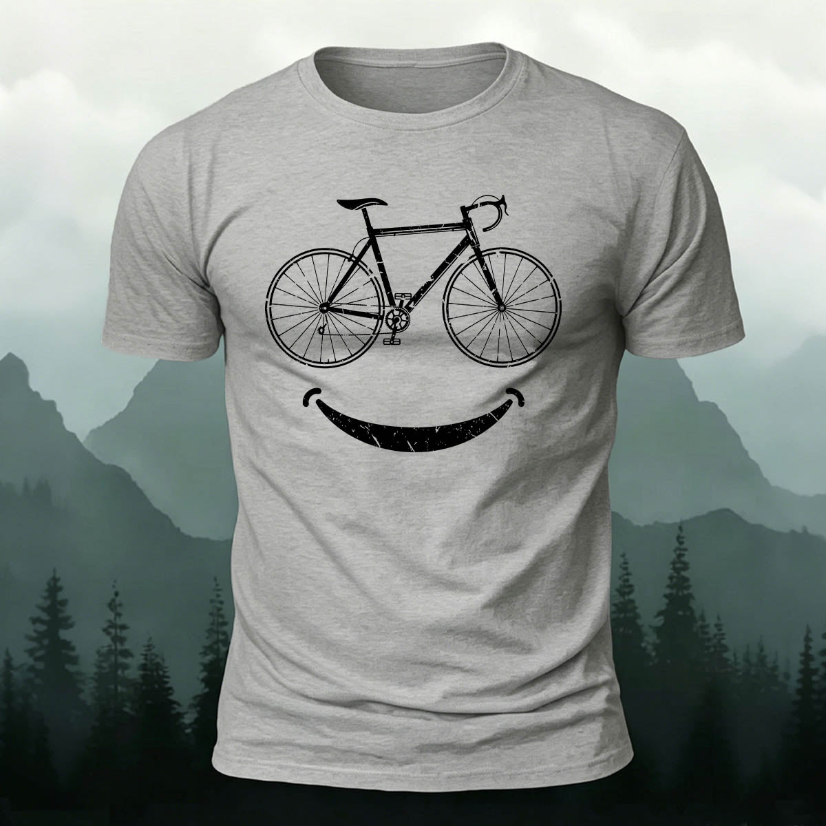 Fun Bicycle Smile Print Sports Casual Cotton T-Shirt Grey