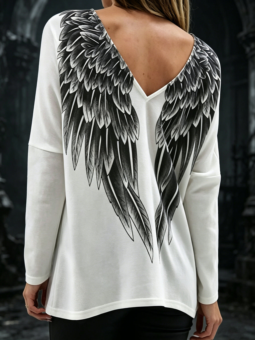 Fashionable Printed V-neck Back Casual Long Sleeves