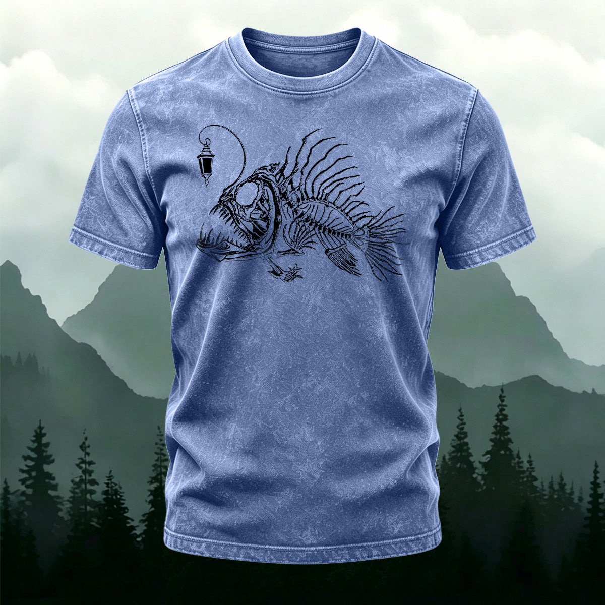 Lanternfish Pattern Streetwear Washed Cotton T-Shirt