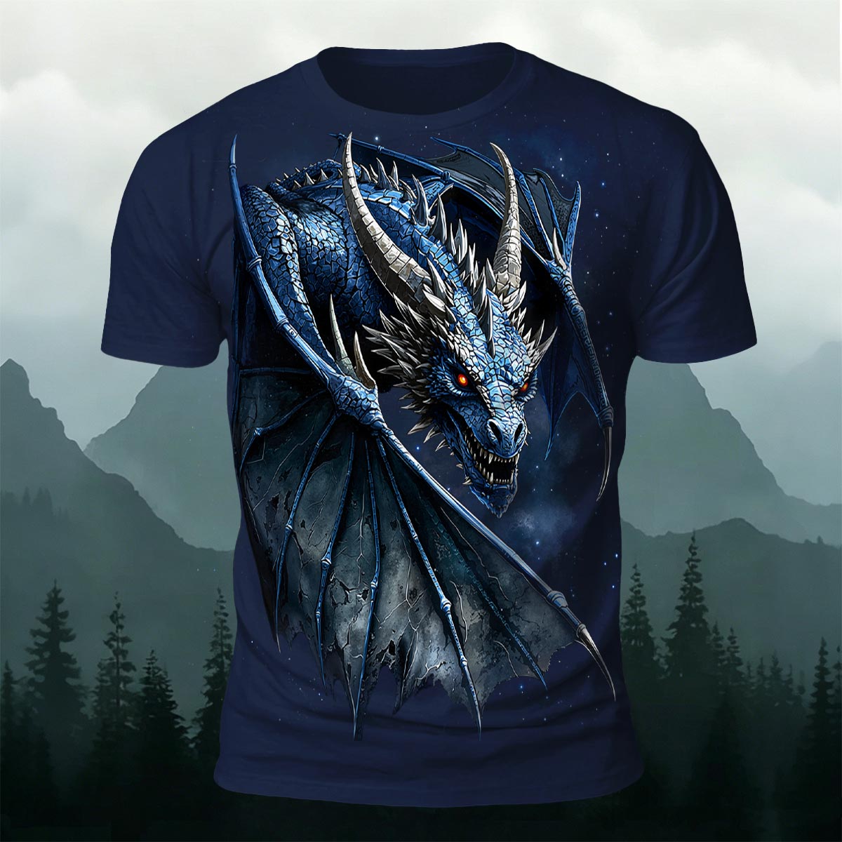 Fierce Dragon Print Cool Casual Premium Cotton T-Shirt Navy