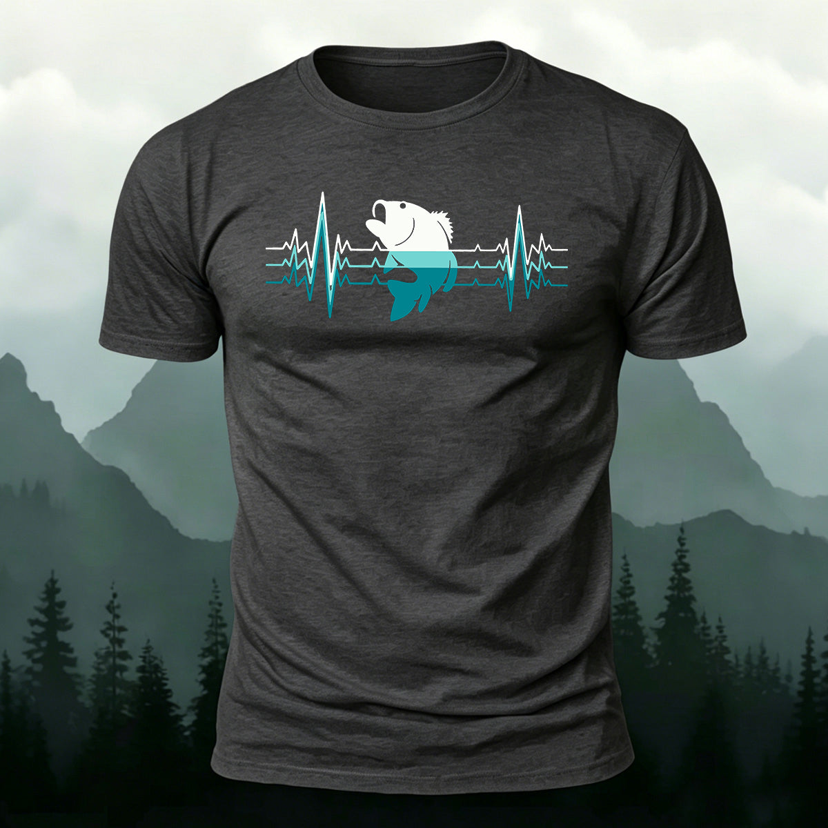Outdoor Fishing Heartbeat Print Cotton T-Shirt