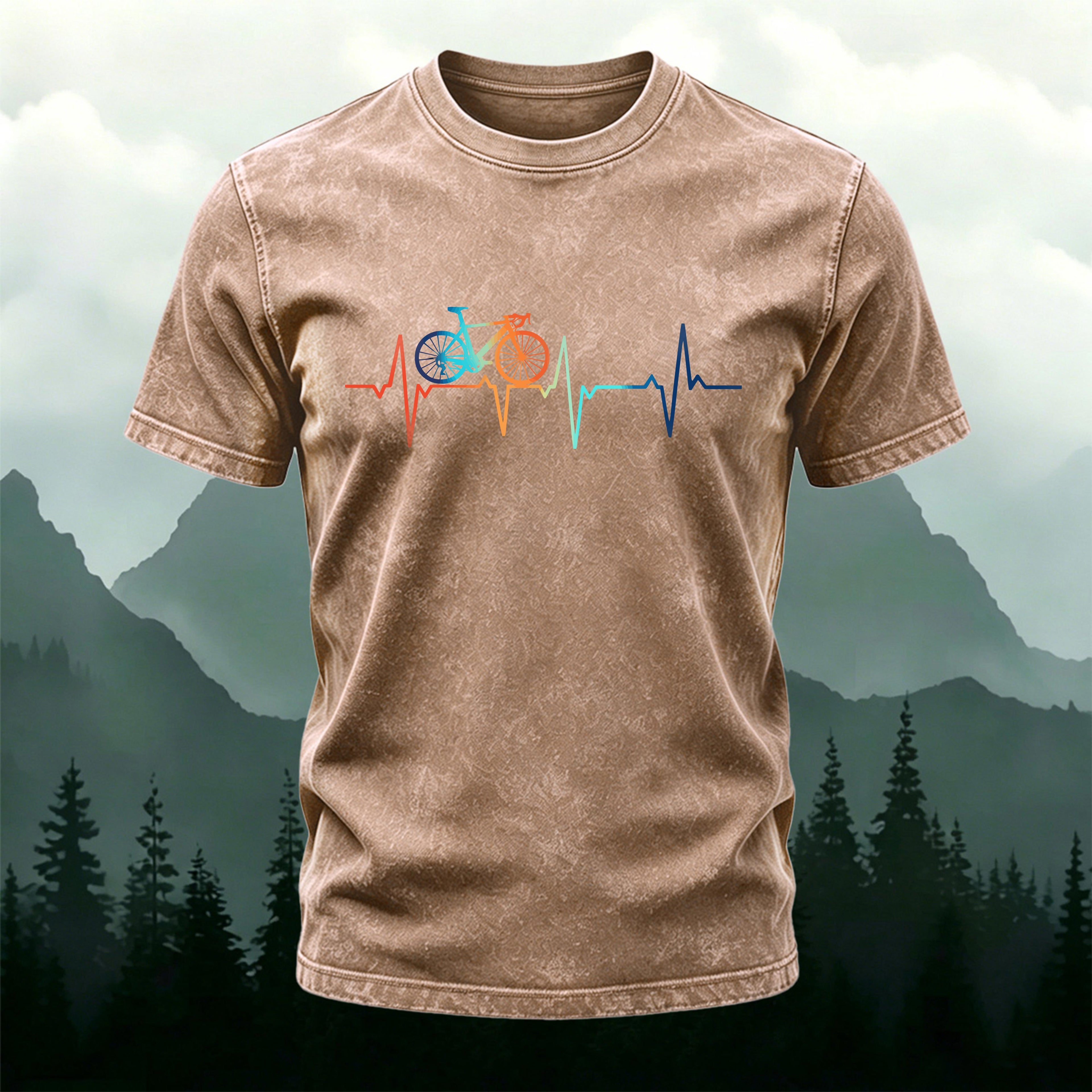 Cycling-themed Colorful ECG Wave Print Washed Cotton T-Shirt