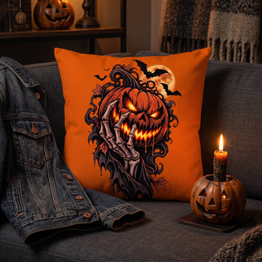 Linen Pumpkin Skeleton Halloween Pillow