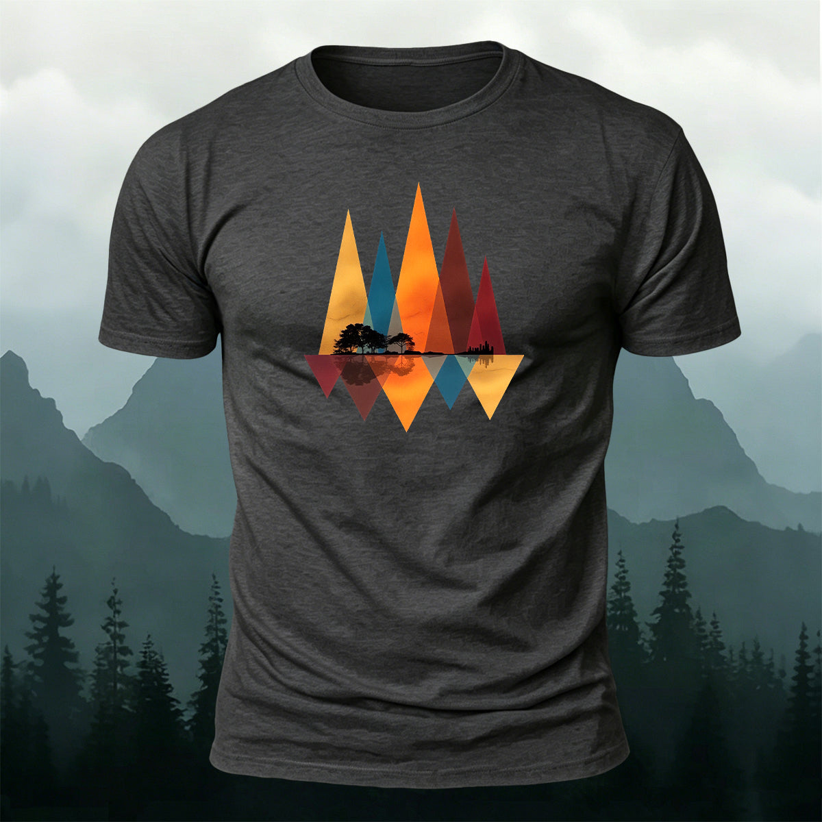 Geometric Mountain Reflection Print Cotton T-Shirt