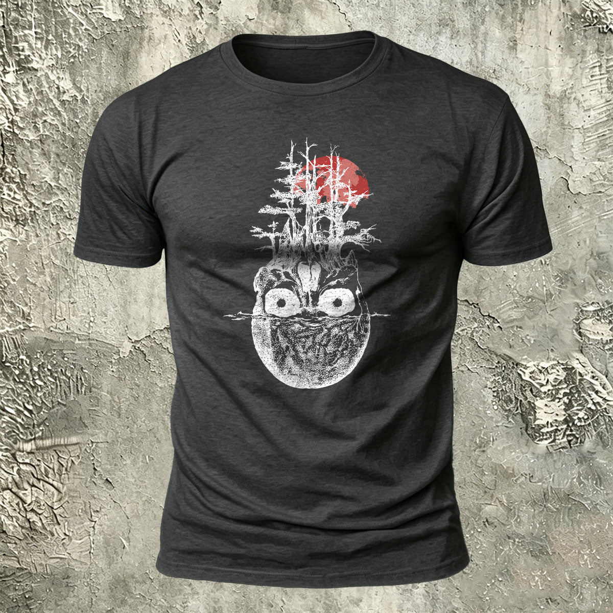 Withered Forest Skull Print Cotton Crew Neck T-Shirt Dark Grey