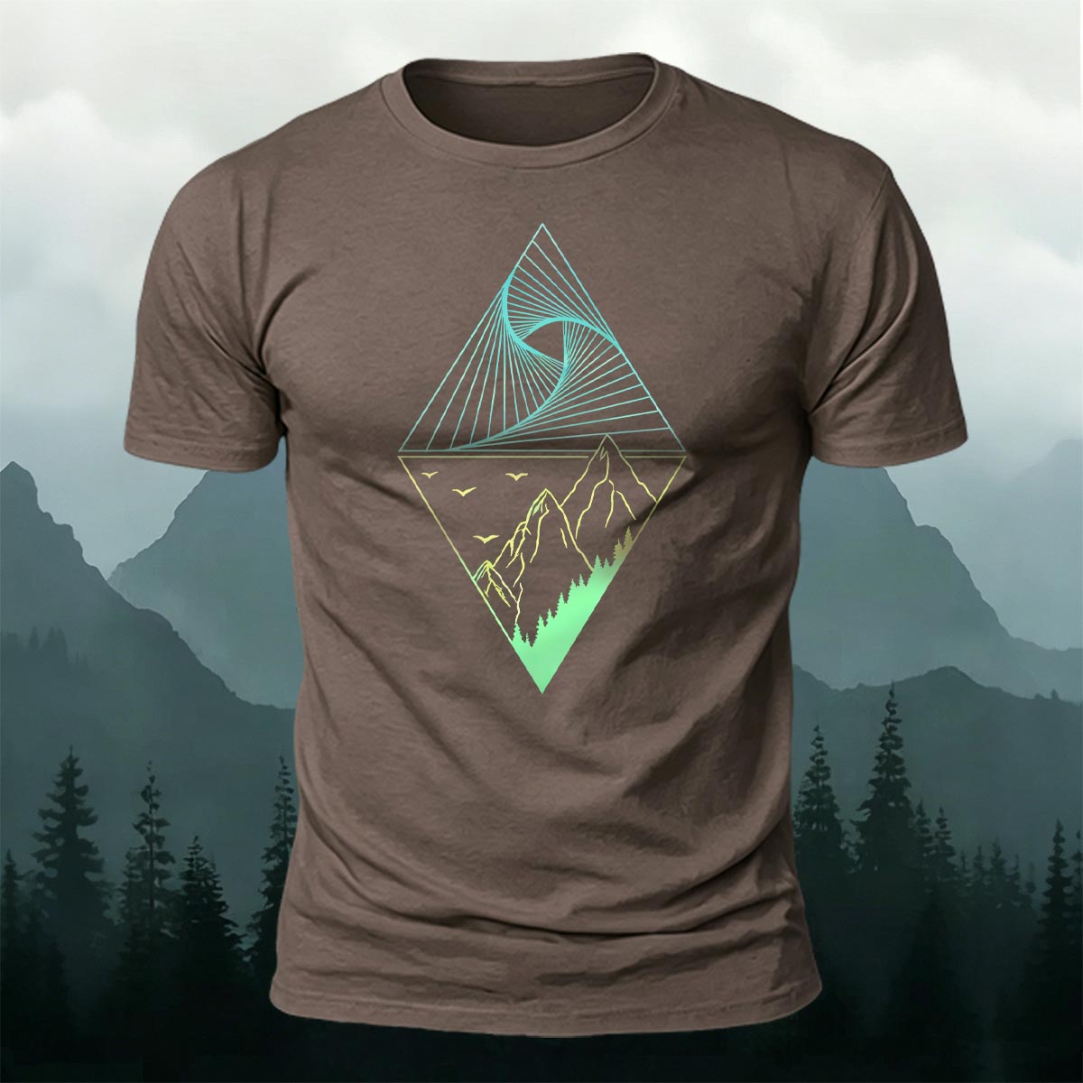 Mountain Geometric Pattern Casual 100% Cotton T-Shirt