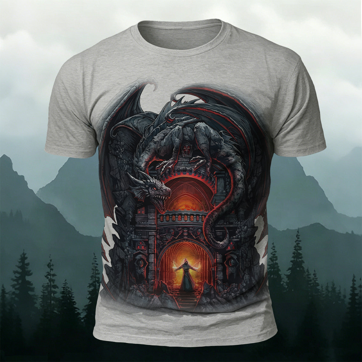 Dark Demon Dragon Print Vintage Casual T-shirt