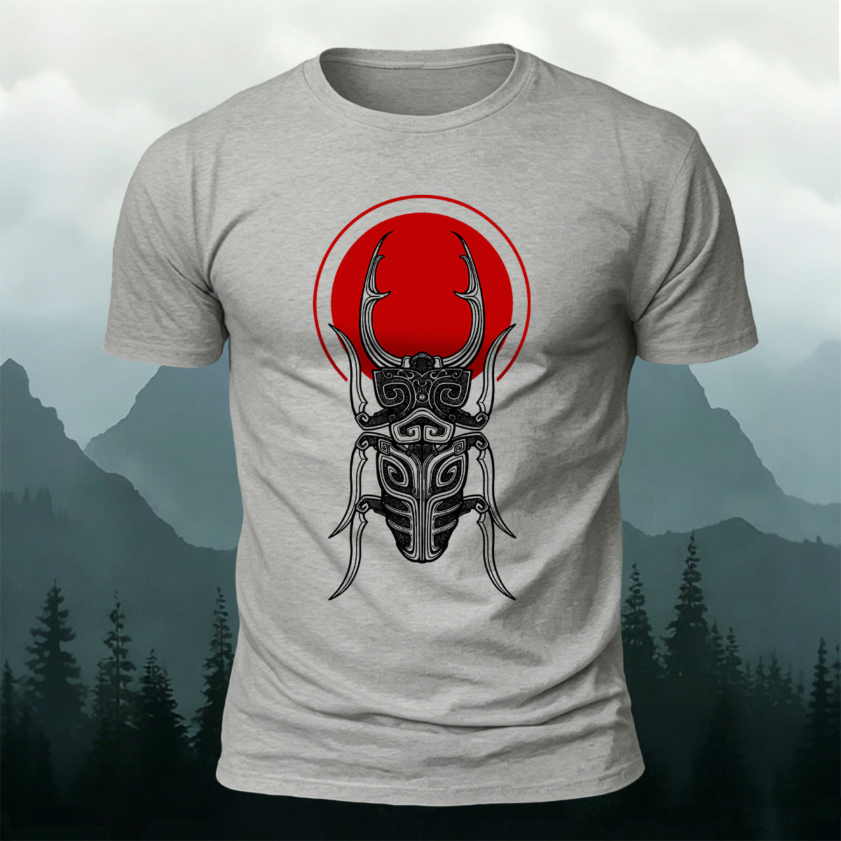 Retro Sketched Beetle Print Outdoor Comfort Cotton T-Shirt