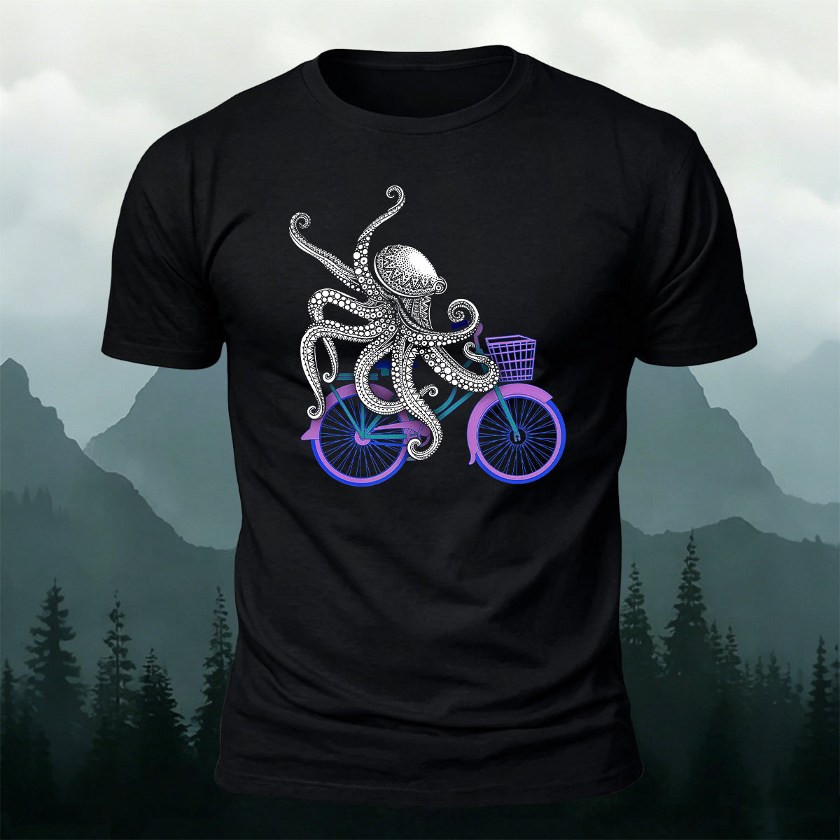Octopus Cycling Fun Print Cotton Casual T-Shirt Black
