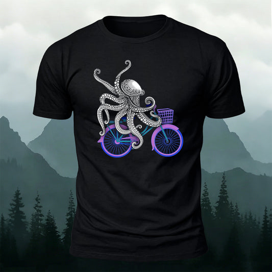 Octopus Cycling Fun Print Cotton Casual T-Shirt Black